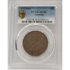 AUSTRALIA 1925 . ONE 1 PENNY . PCGS AU50